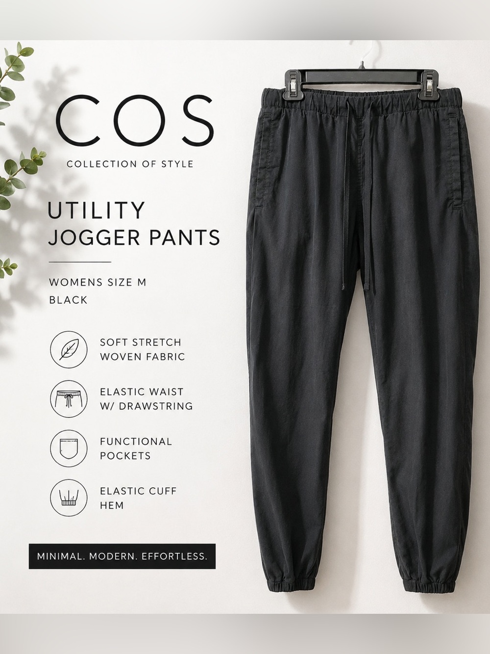 COS Minimalist Utility Jogger Pants Black Elastic Waist Athleisure Womens M D91